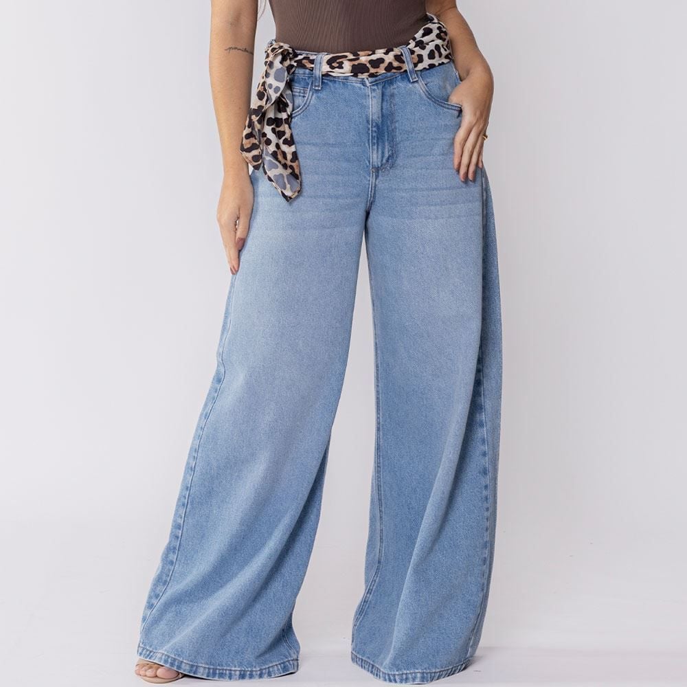 Calça Jeans Feminina Wide Leg Palazzo Com Lenço Patricia Foster