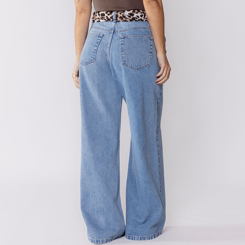 Calça Jeans Feminina Wide Leg Palazzo Com Lenço Patricia Foster