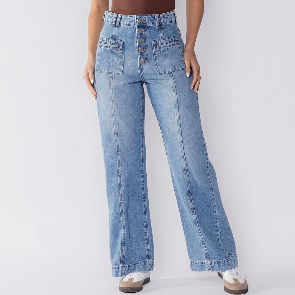 Calça Wide Leg Jeans Feminina Com Bolso Na Frente Boby Blues