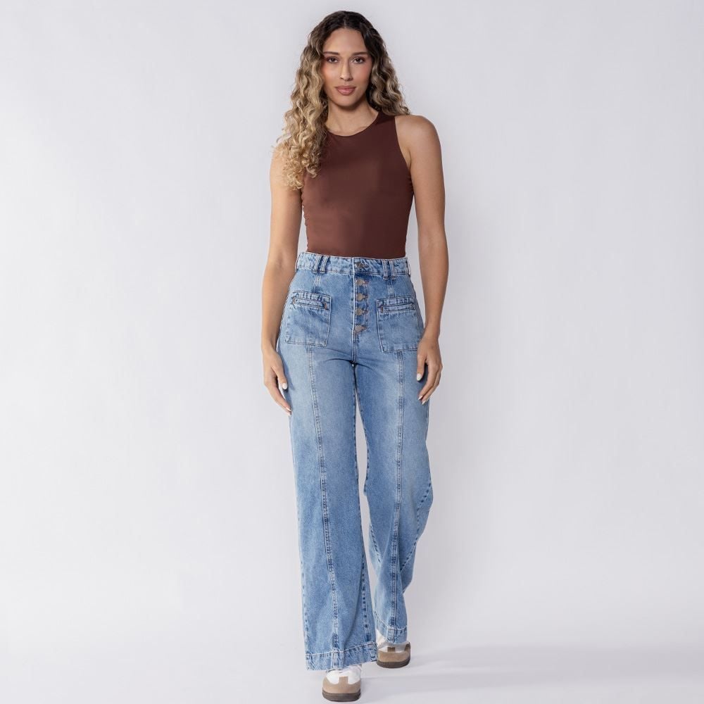 Calça Wide Leg Jeans Feminina Com Bolso Na Frente Boby Blues
