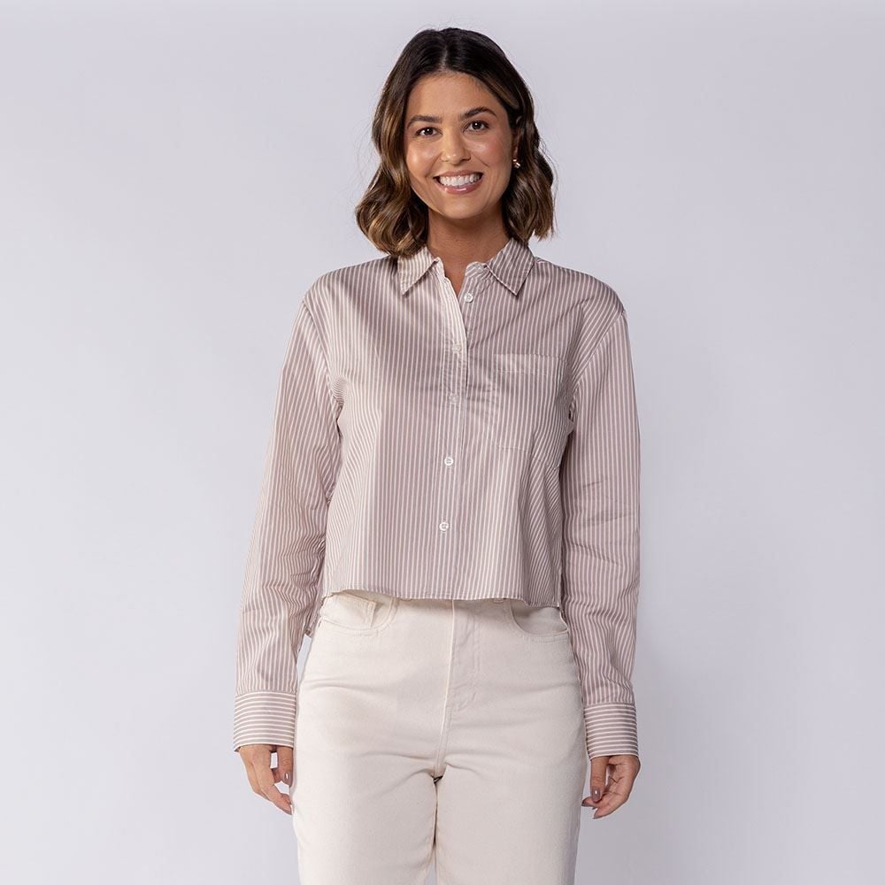 Camisa Cropped Manga Longa Com Bolso Boby Blues