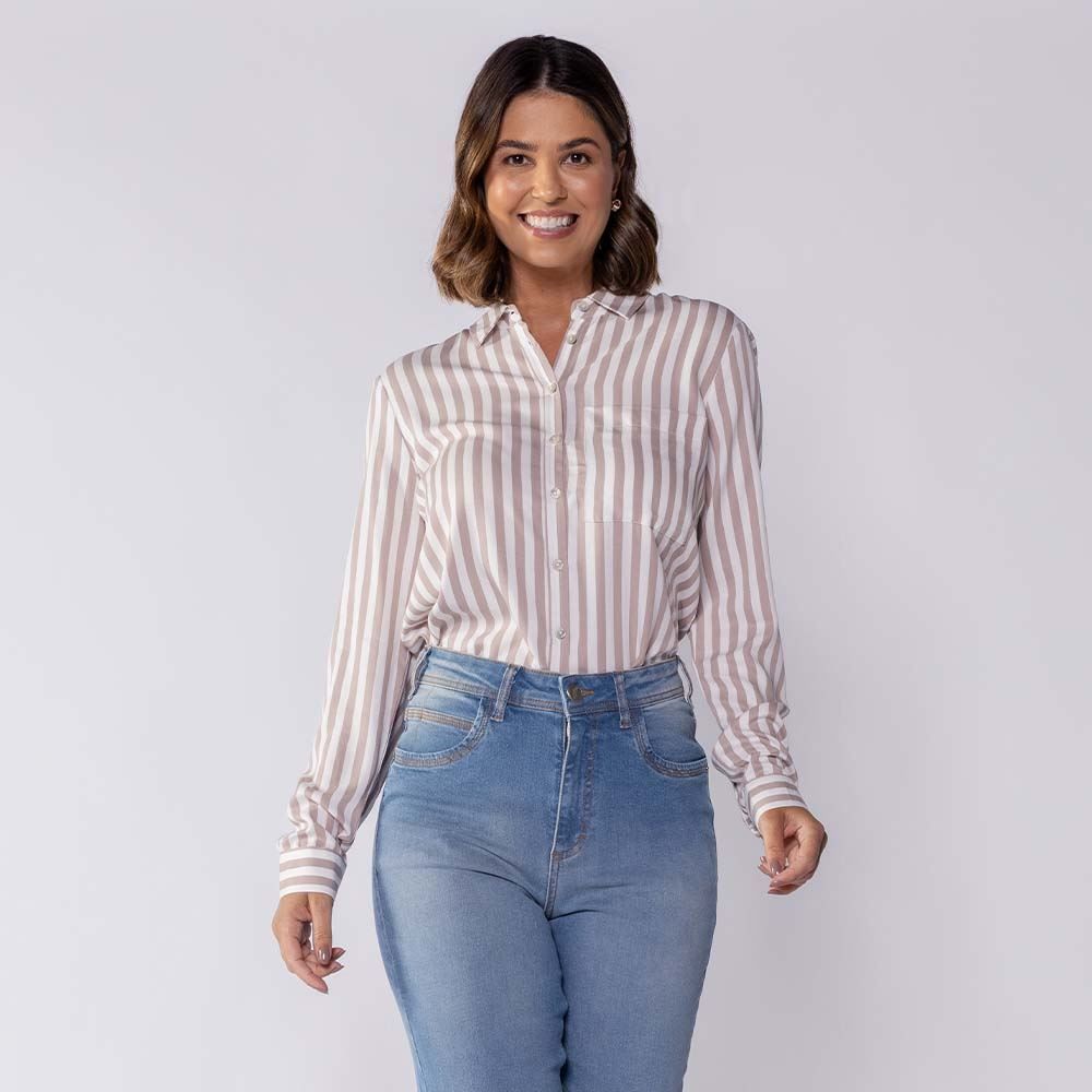 Camisa Feminina Listrada com Bolso Patricia Foster