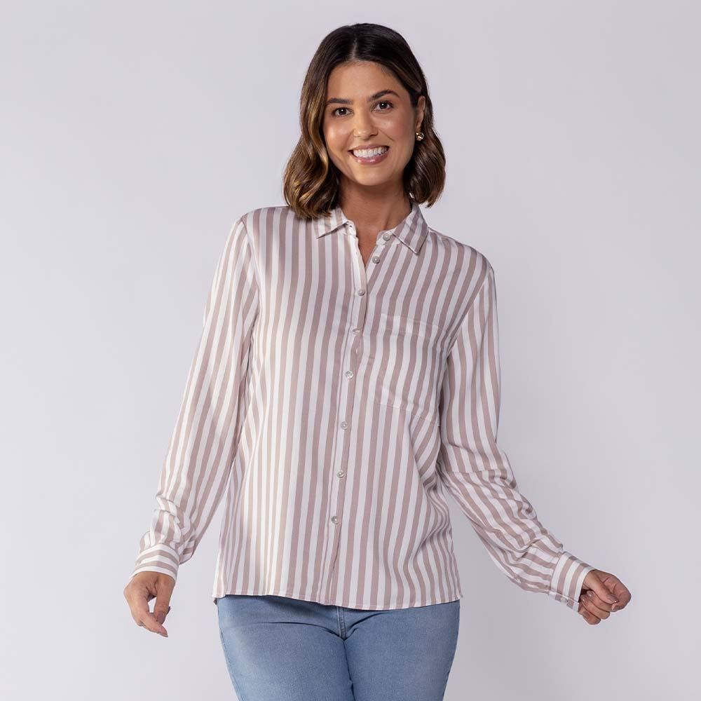 Camisa Feminina Listrada com Bolso Patricia Foster