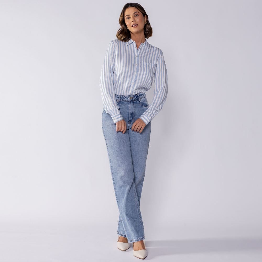 Camisa Feminina Listrada com Bolso Patricia Foster