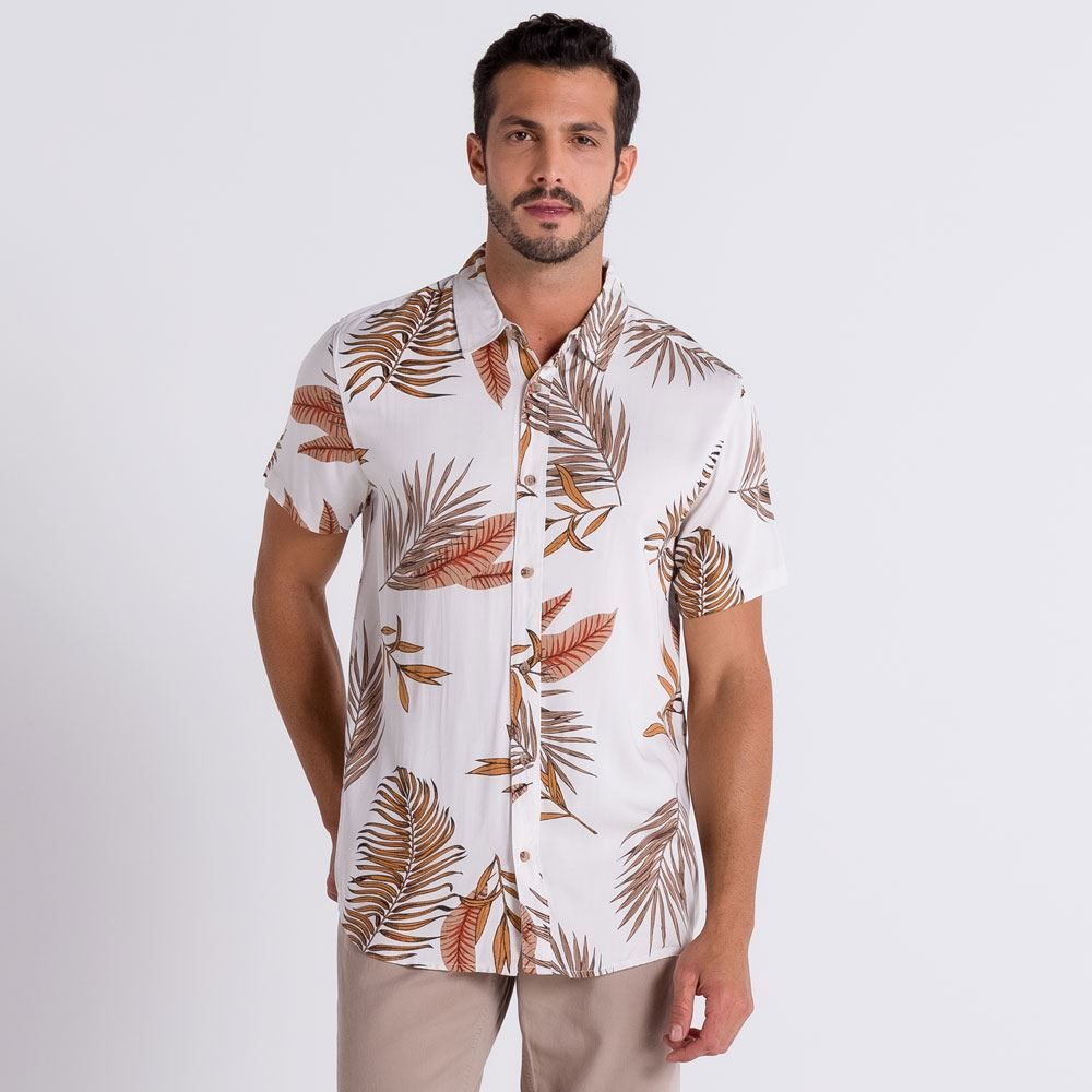 Camisa Manga Curta Estampada de Folhagens Rovitex