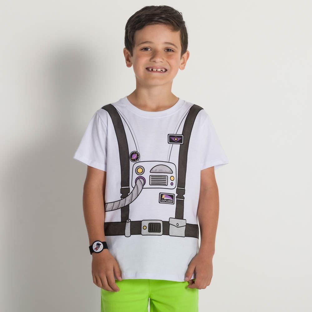 Camiseta 4 a 10 anos Foguetes + Pulseira Relógio Hot Dog