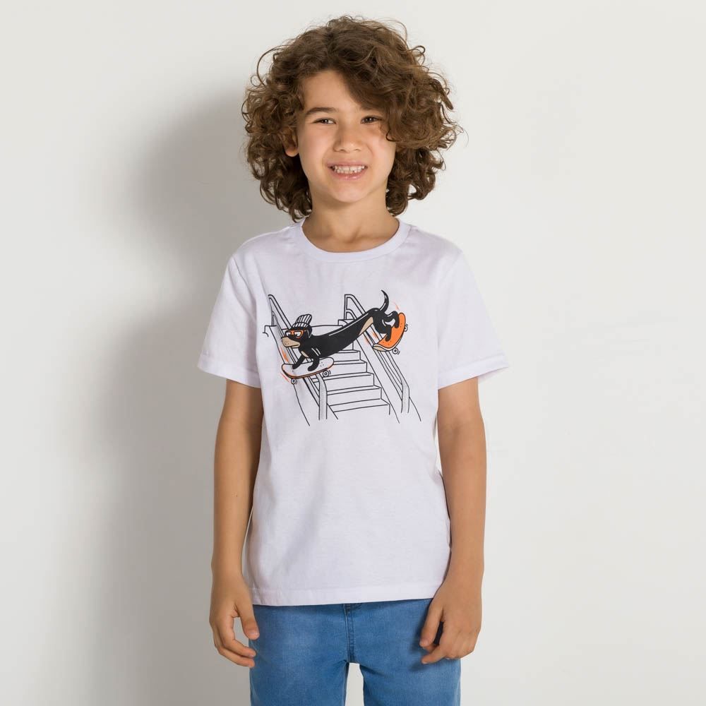 Camiseta 4 a 10 anos Menino Malha Dog Skatista Hot Dog