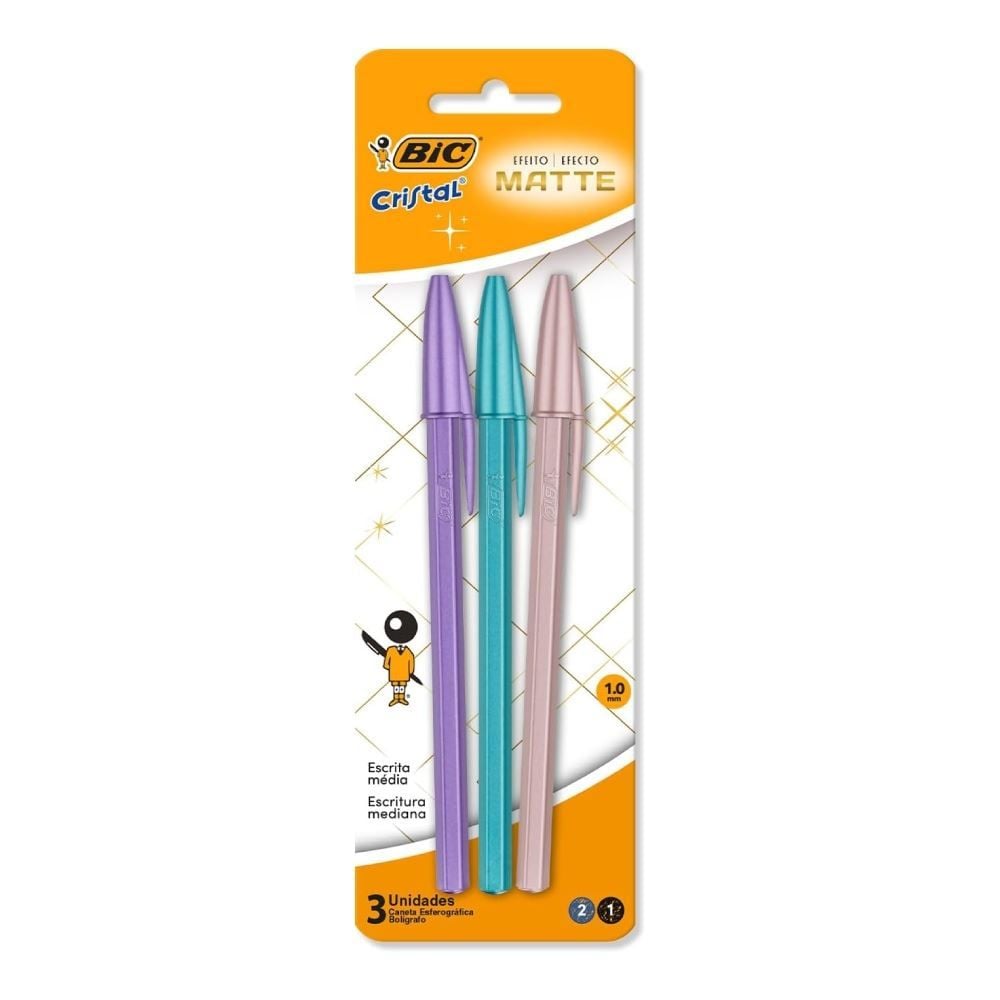 Caneta Esferográfica 1.0 Cristal Efeito Matte Bic - 3 Unidades