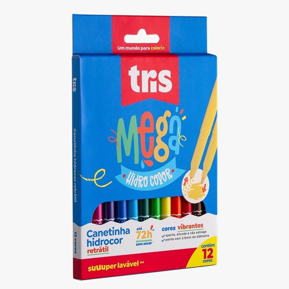 Canetinha Retrátil Ponta Fina Mega Hidro Tris - 12 Cores