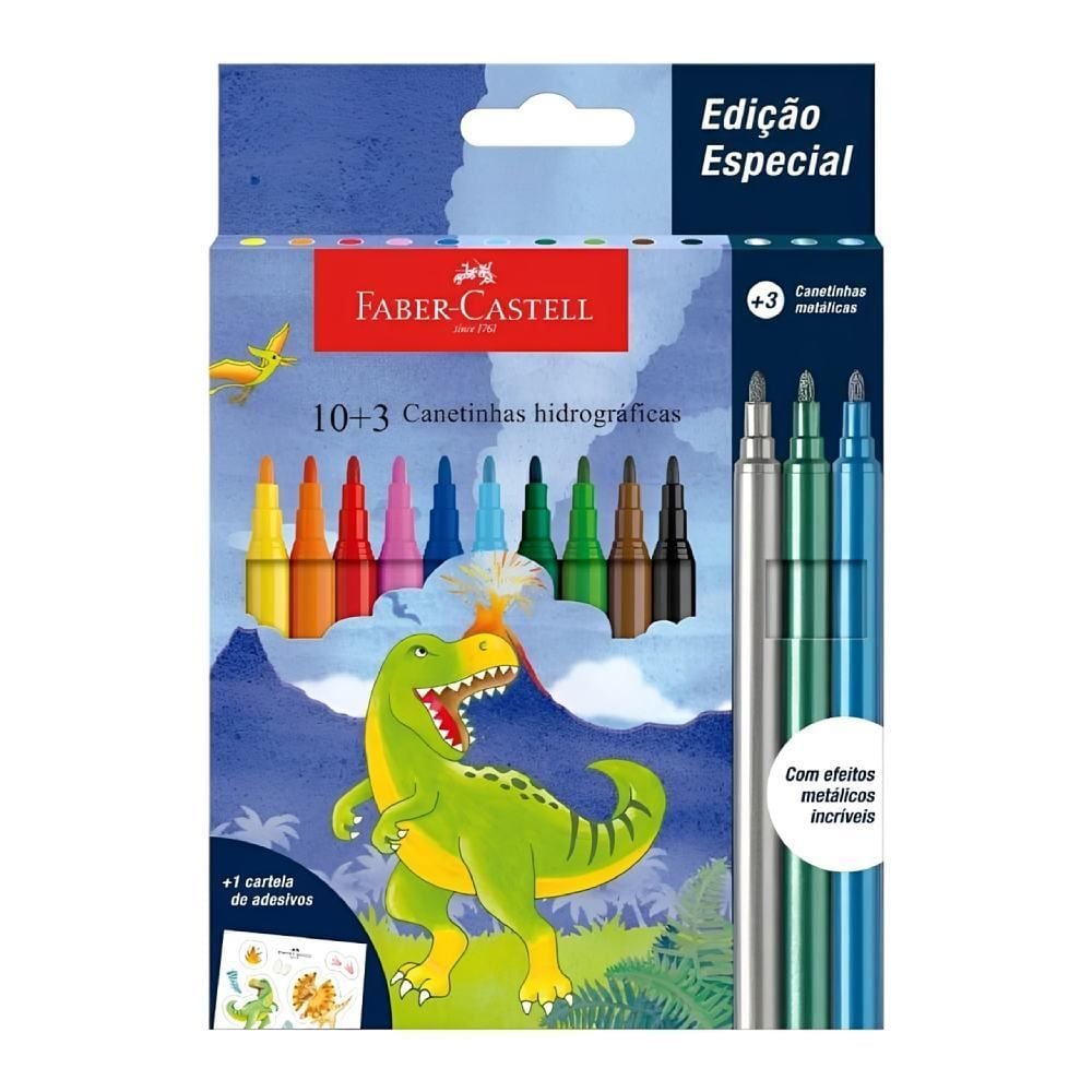 Canetinhas Hidrográficas 10+3 Cores Faber Castell - Dinossauro