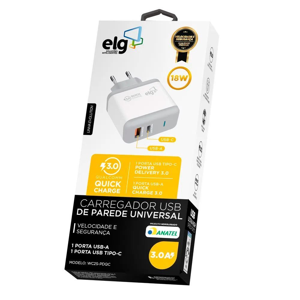 Carregador De Parede Universal Quick Charge Elg - WC2S-PDQC