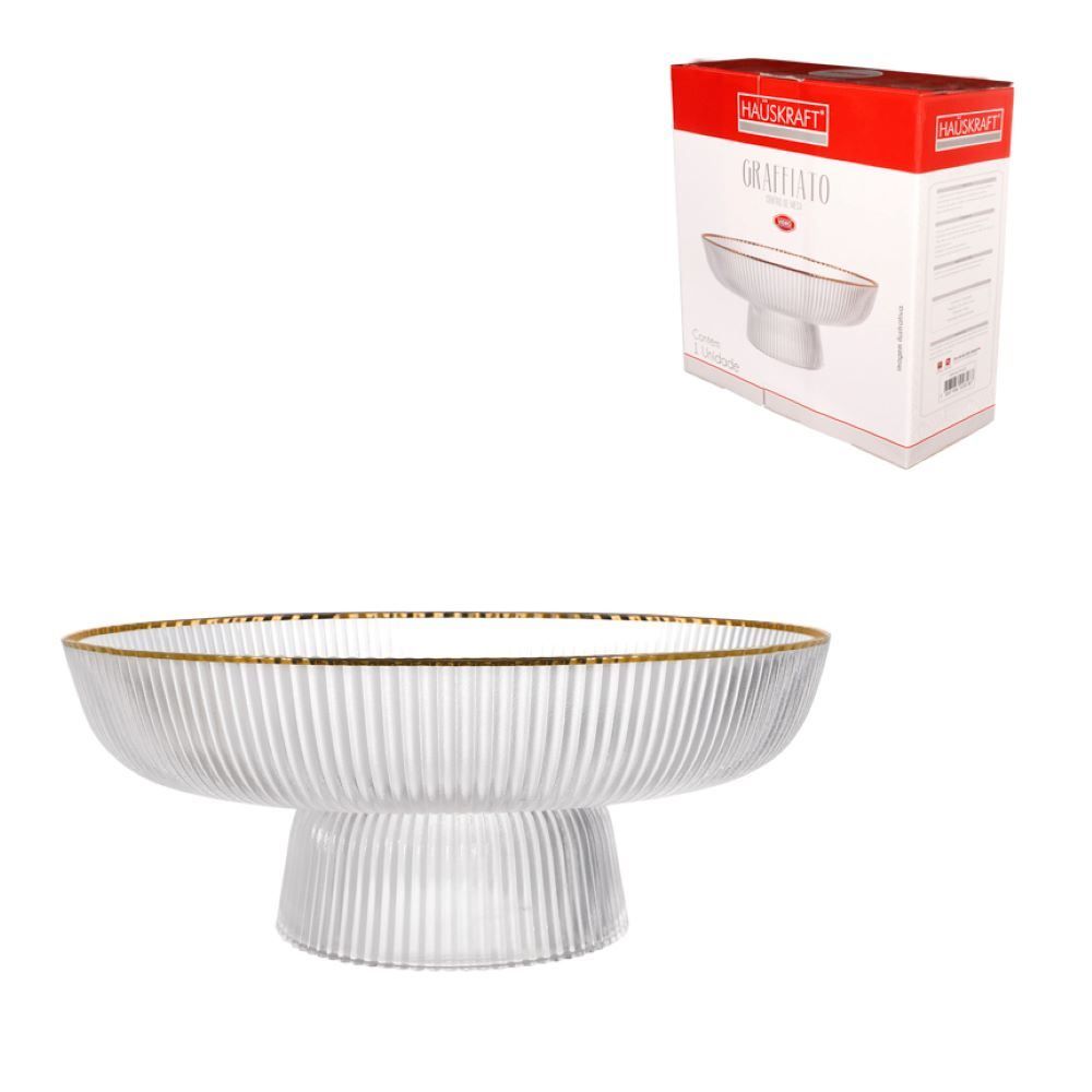 Centro De Mesa Com Pe De Vidro Graffiato Borda Dourada 30Cm Hauskraft