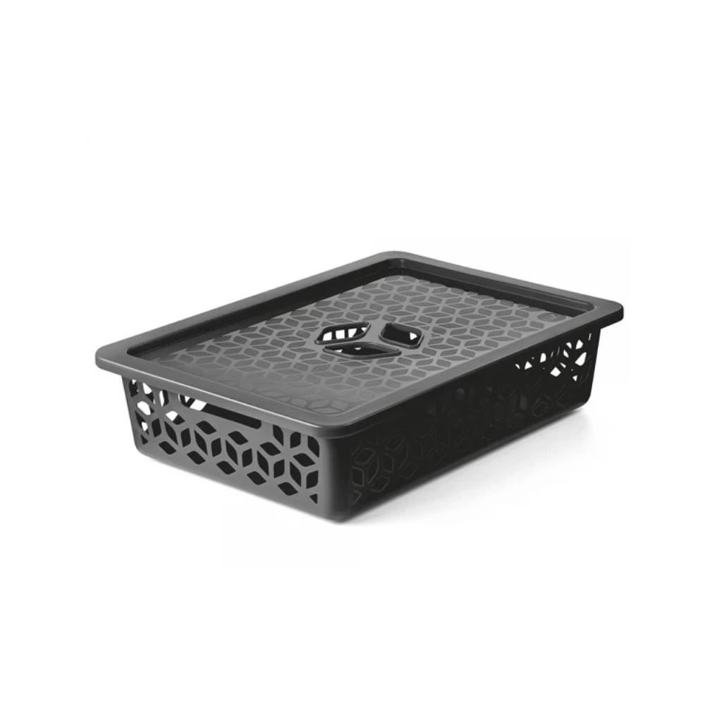 Cesto Organizador Raso Com Tampa Uz 9 Litros - Preto