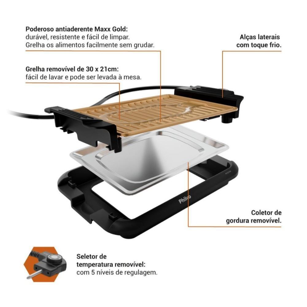 Churrasqueira Elétrica Philco 1200W Antiaderente Gold PCQ10A