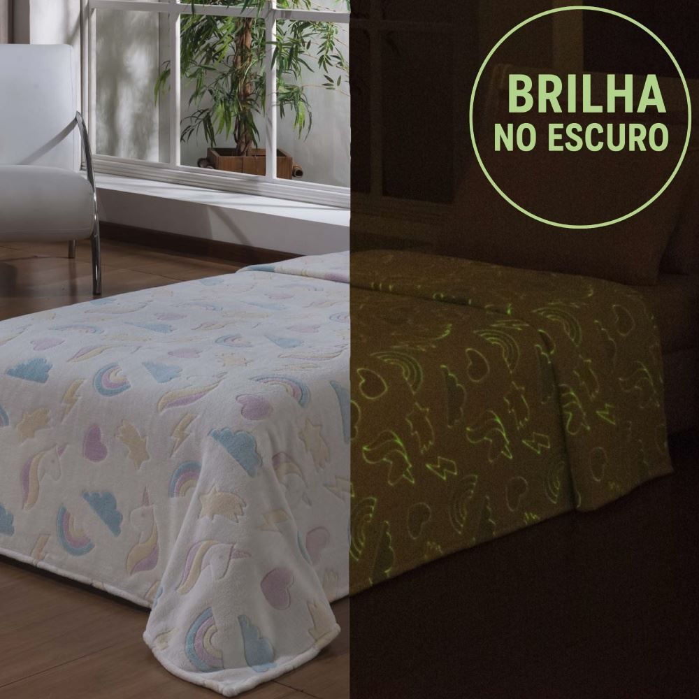 Cobertor Infantil Mágico Encantos Brilha No Escuro - Rainbow Branco