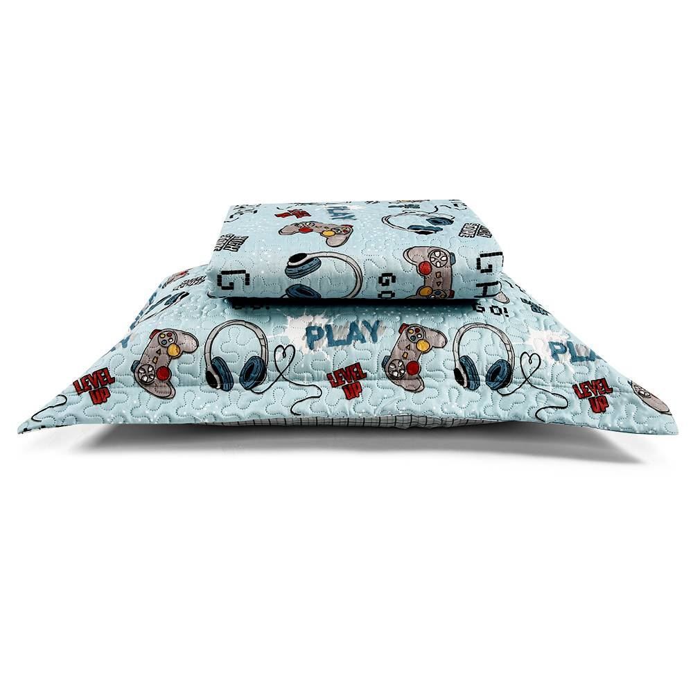 Kit Colcha Solteiro Dupla Face Matelado Havan Kids 2 Pçs - Game Play Azul