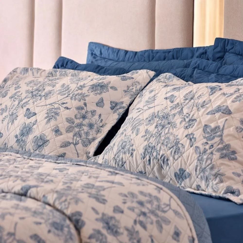 Kit Colcha King 100% Poliéster Havan Casa 3 pçs - Floral Azul
