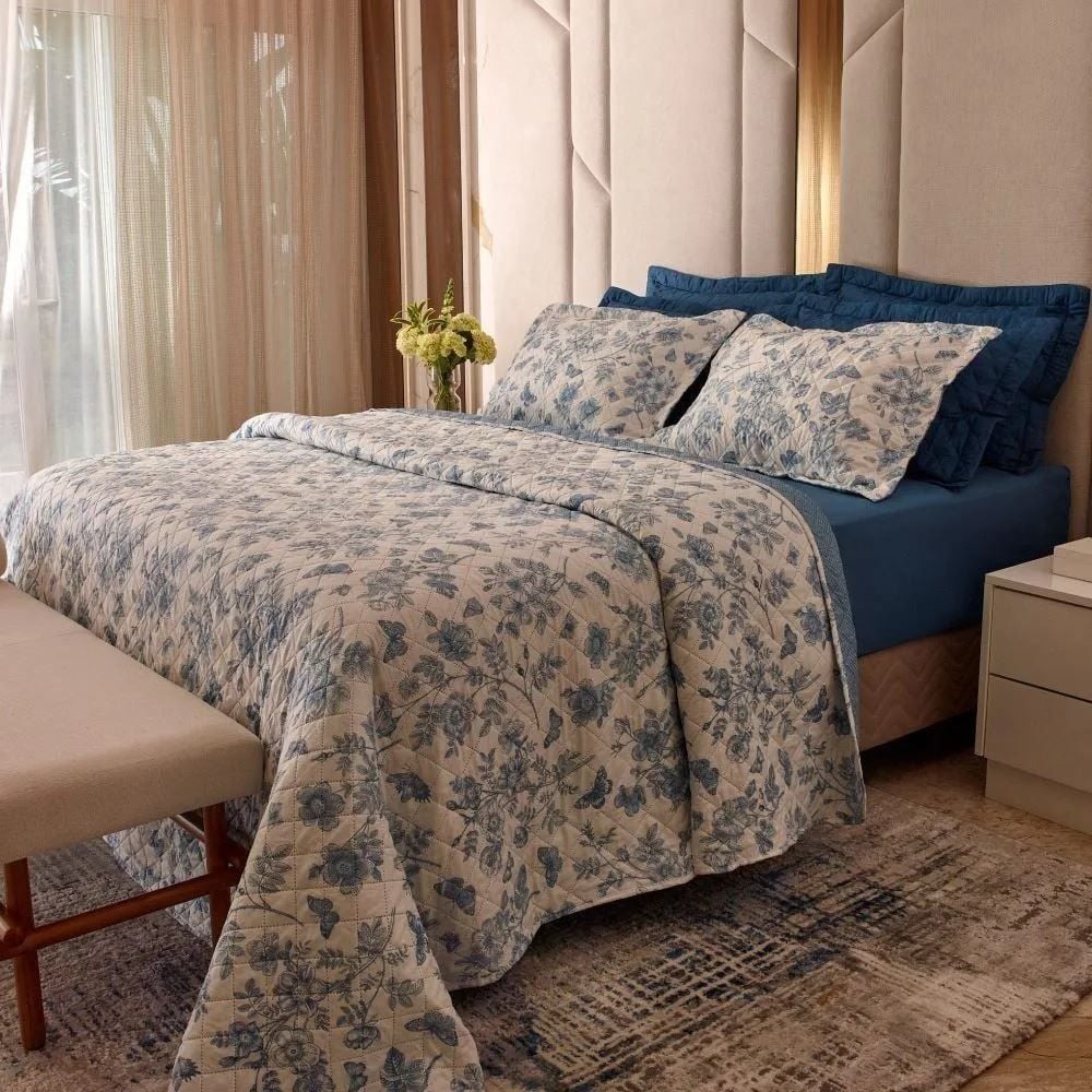 Kit Colcha King 100% Poliéster Havan Casa 3 pçs - Floral Azul