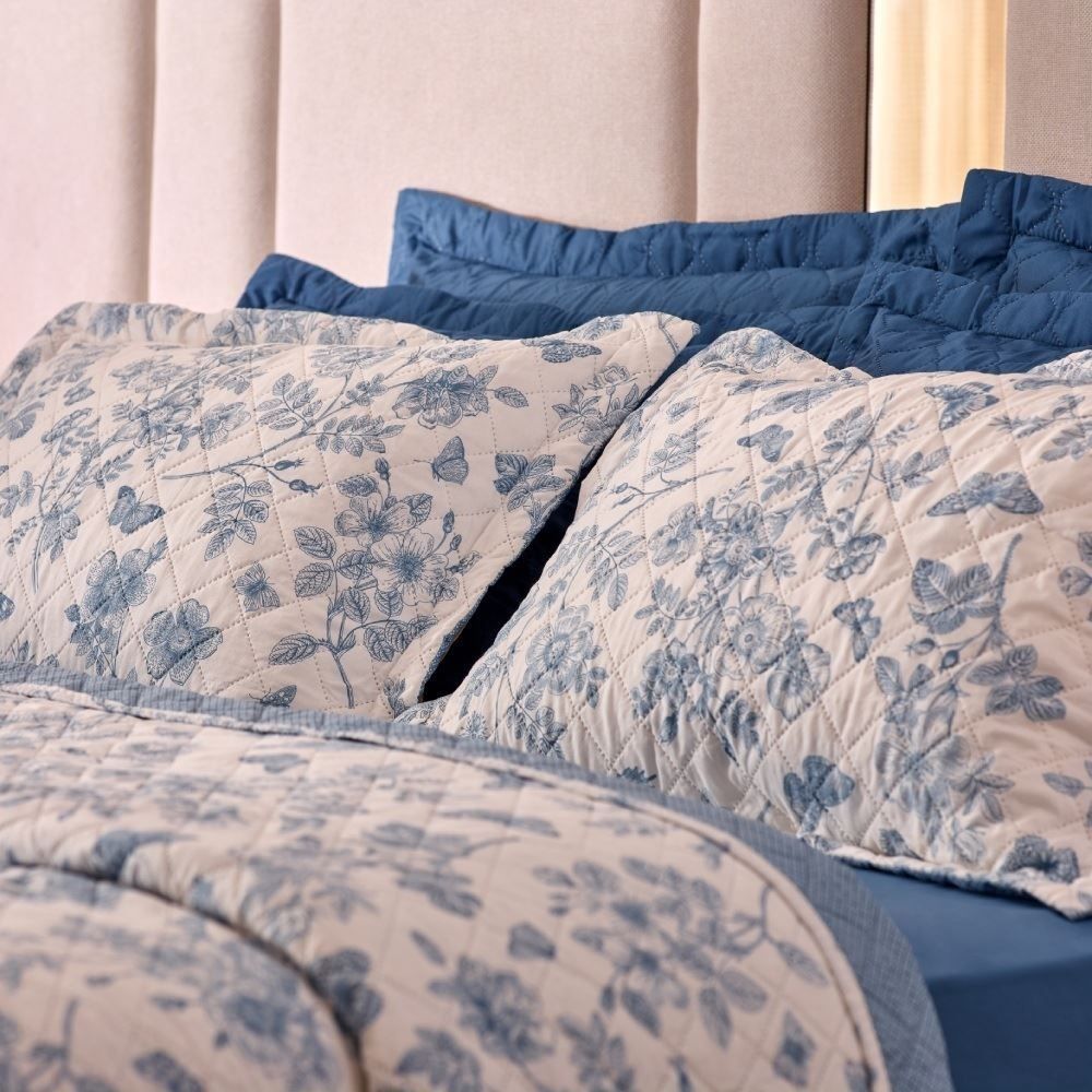 Kit Colcha King Versalhes Estampada Havan Casa 3 pçs - Floral Azul