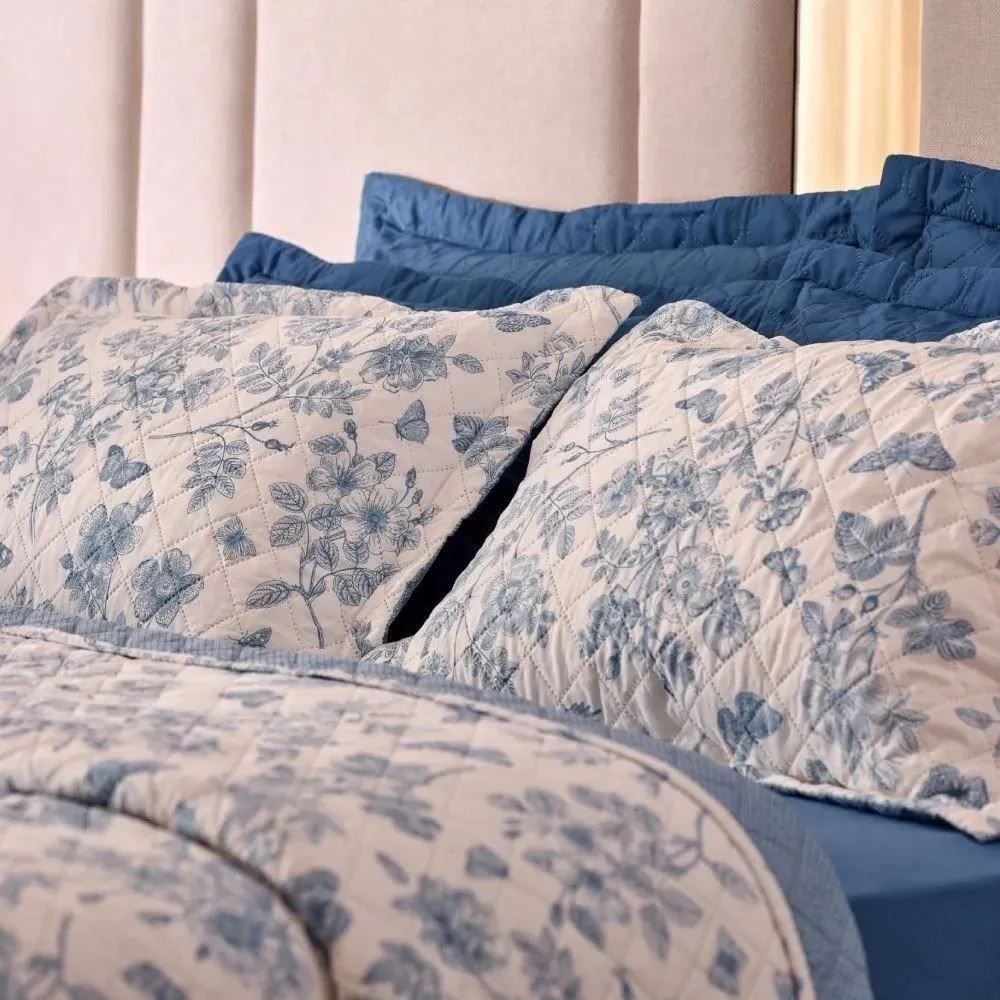 Kit Colcha Solteiro 150 Fios Havan Casa 2 pçs - Floral Azul