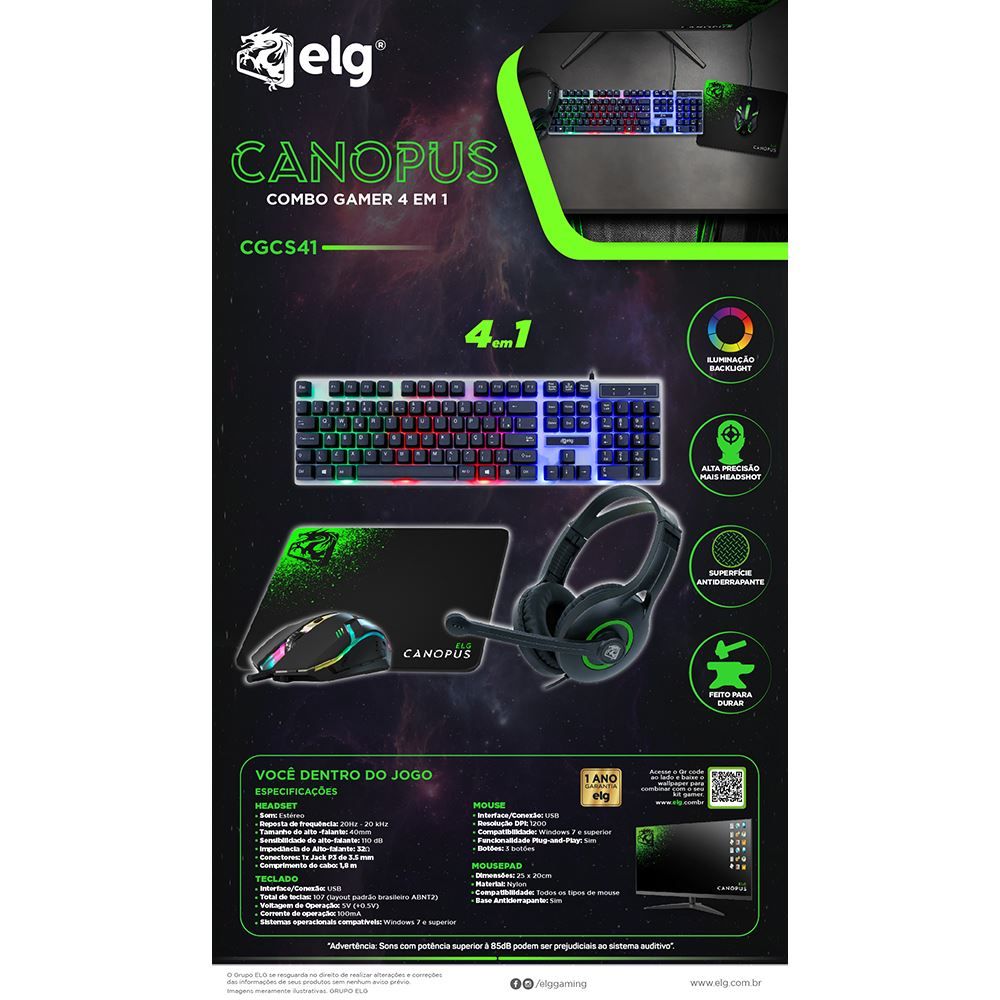 Combo Gamer 4 Em 1 Elg Canopus Teclado Mouse Headset Mousepad Abnt2