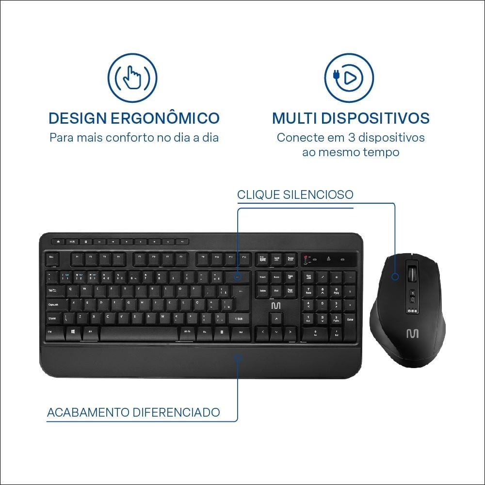 Combo Teclado Mouse Sem Fio L Multi Bluetooth 3200Dpi Apoio De Pulso