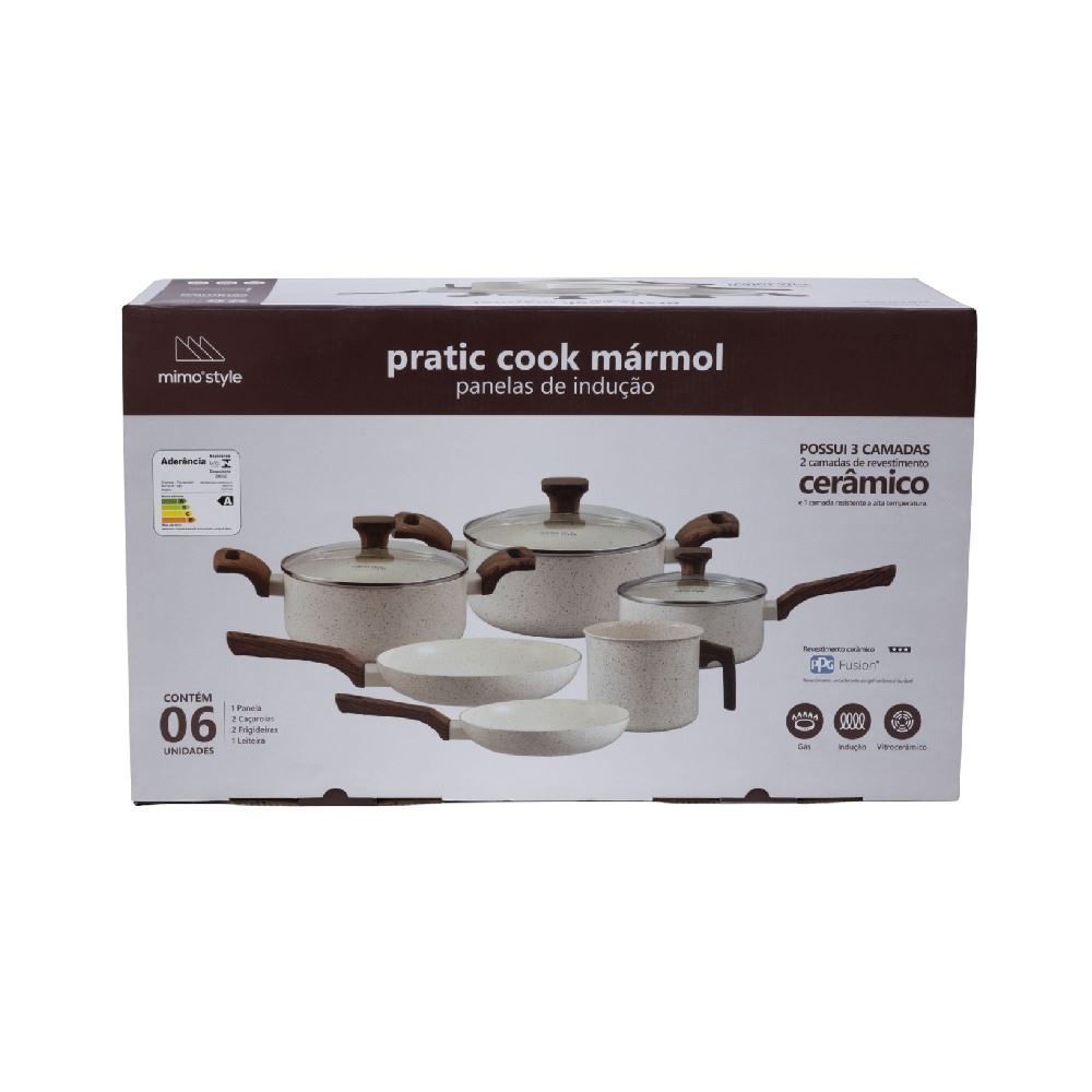 Jogo de Panelas Cerâmica Pratic Cook Mármol Mimo 6 Peças - Baunilha