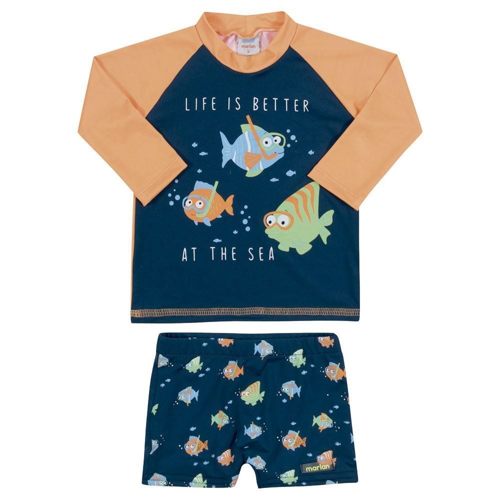 Conjunto Infantil Praia 1 a 3 Anos Proteção UV Marlan Malhas