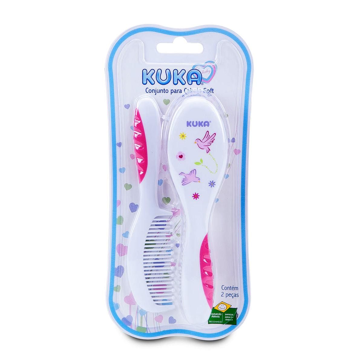 Kit Pente e Escova para Cabelo Bebê Soft Kuka Baby - Rosa