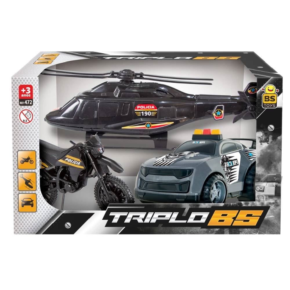 Conjunto Triplo Carro, Moto E Helicoptero Bs Toys - 472 