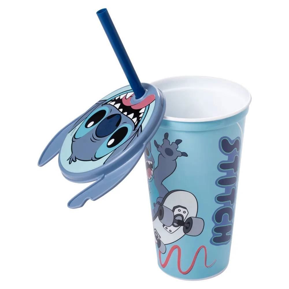 Copo Com Canudo E Tampa De Orelhas Stitch Plásutil - 500Ml