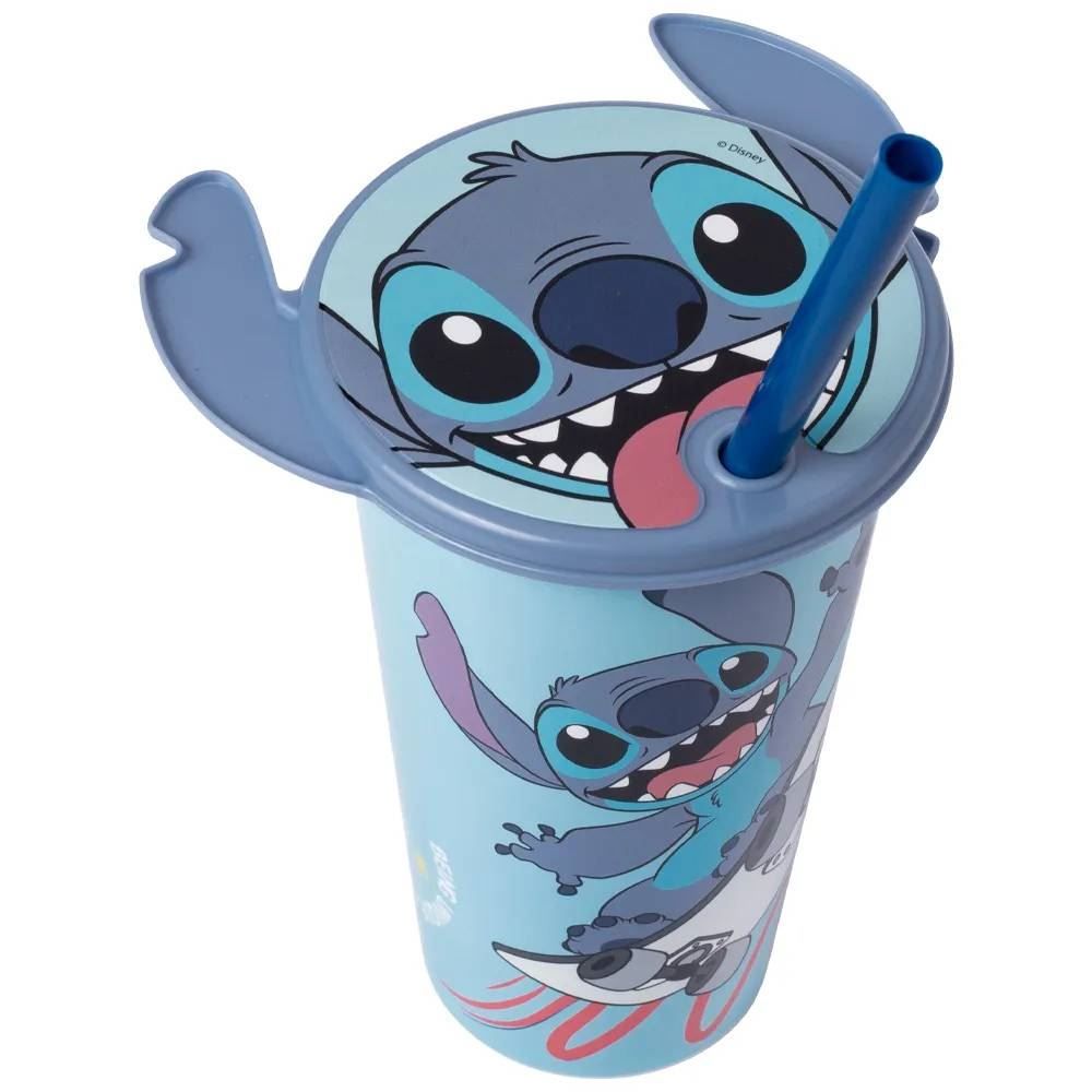 Copo Com Canudo E Tampa De Orelhas Stitch Plásutil - 500Ml