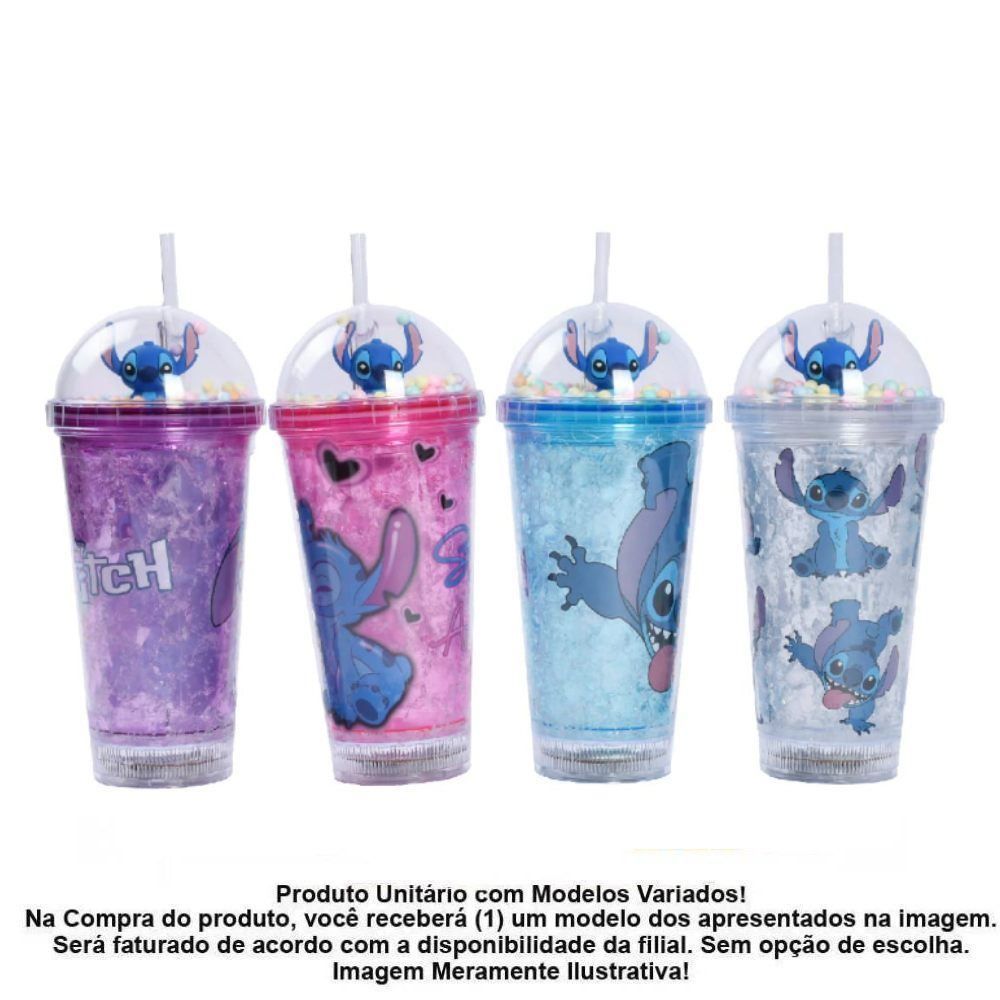 Copo Led com Canudo Stitch Disney 450Ml - Sortido