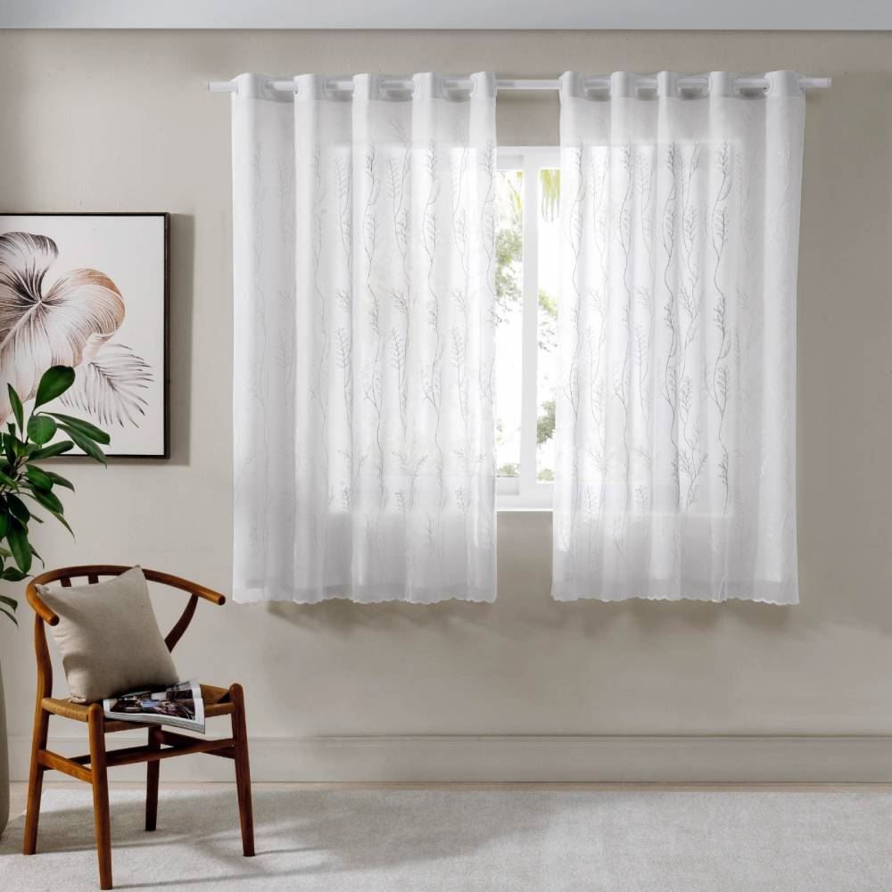 Cortina Duplex Firenze Para Quarto Ou Sala 3,00X1,70 M Bordada Havan Casa - Branco Folhas