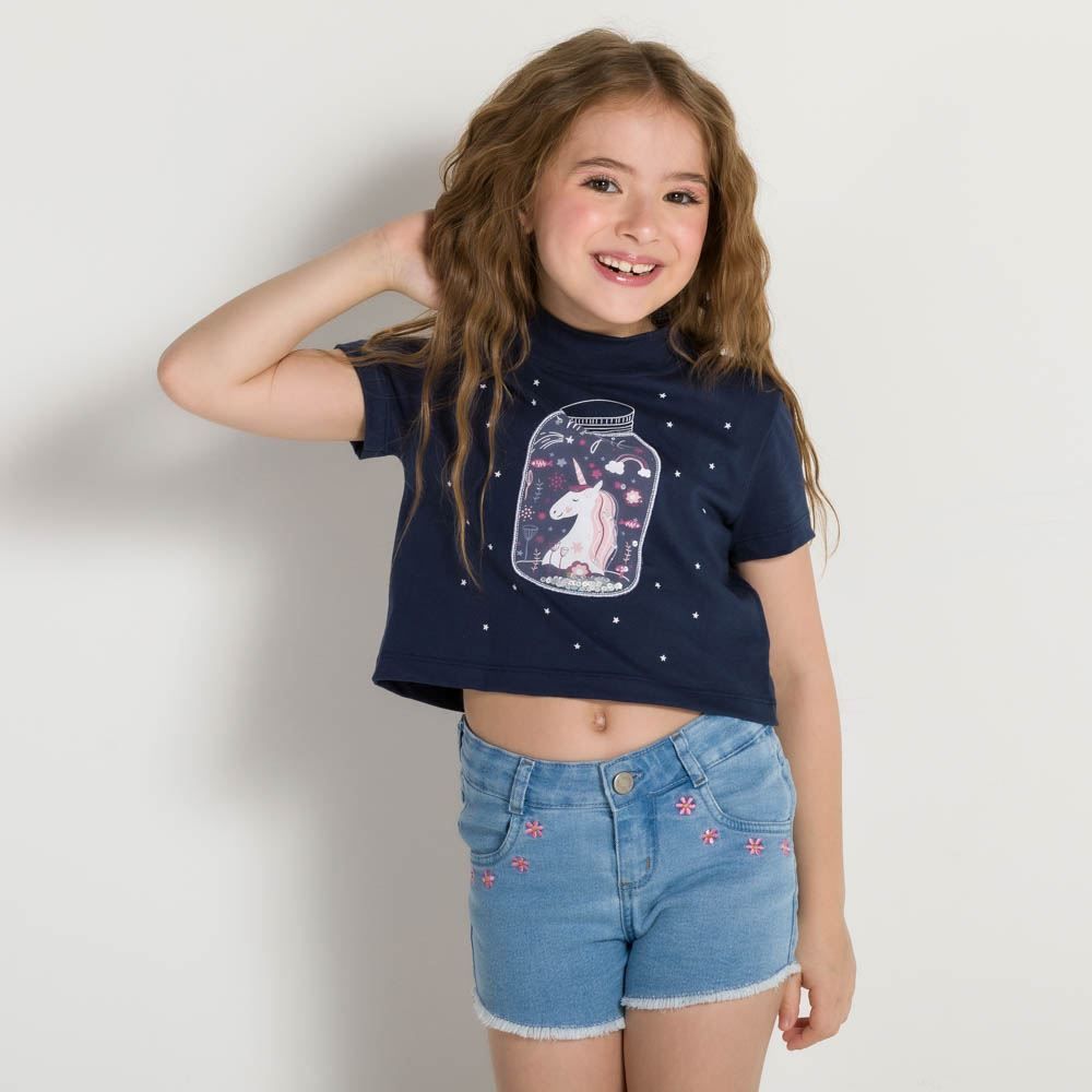 Cropped 4 a 10 anos Unicórnio Bordado Marmelada