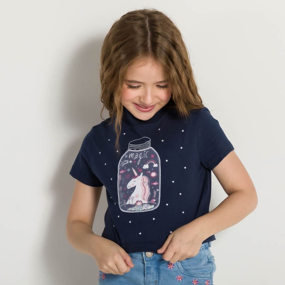 Cropped 4 a 10 anos Unicórnio Bordado Marmelada