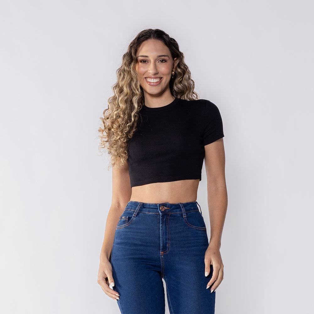 Cropped Feminino Gola Redonda Em Ribana Boby Blues