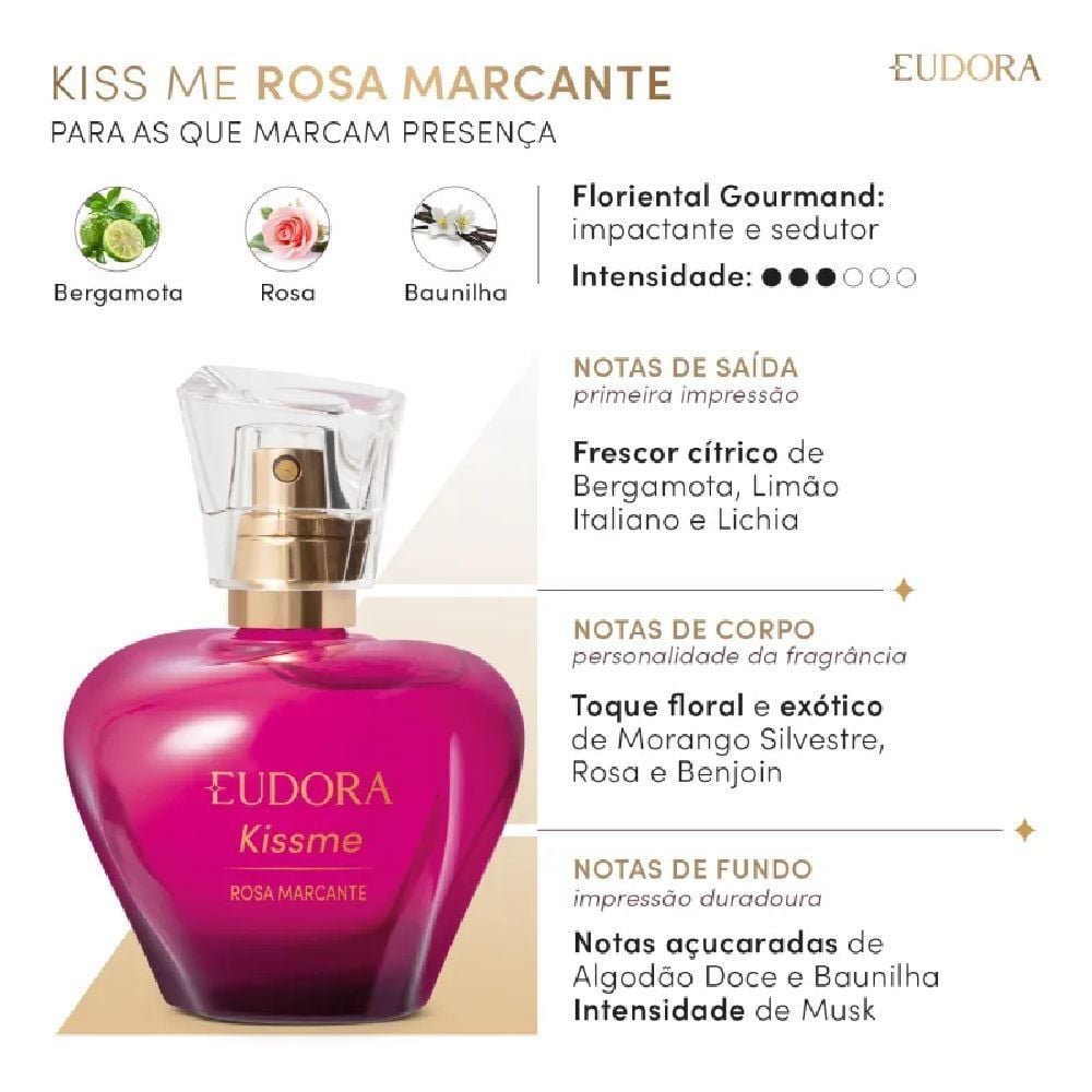 Deo Colônia Feminina Kiss Me Rosa Marcante Eudora - 50ml