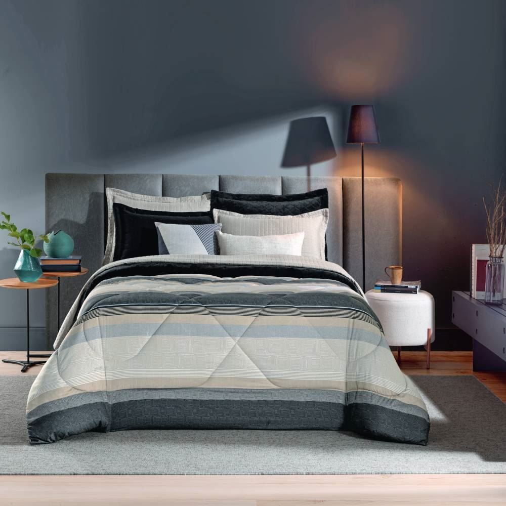 Edredom Casal Dupla Face Napoli Havan Casa - Geométrico Cinza