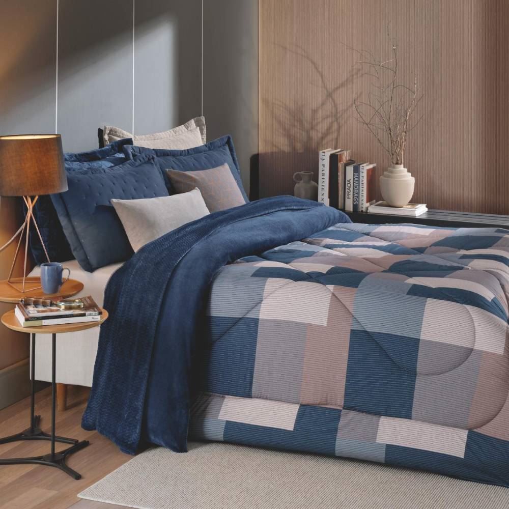 Edredom Casal Dupla Face Napoli Havan Casa - Geométrico Azul 