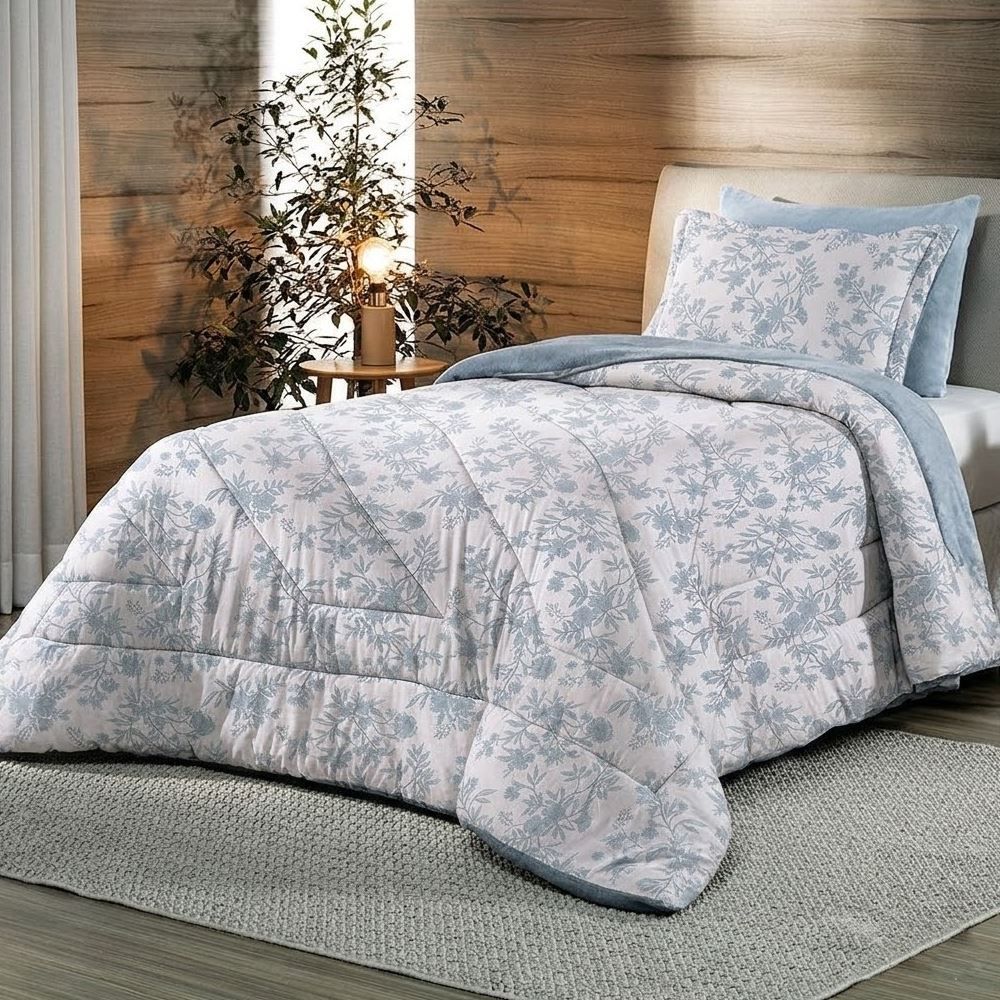 Edredom Solteiro Dupla Face Malha Blend Altenburg - Sofia Floral Azul