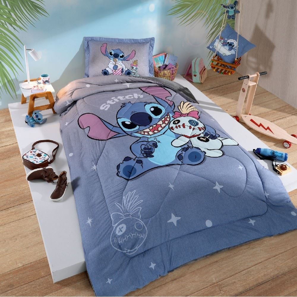 Edredom Solteiro Disney 100% Poliéster Plush Hedrons - Stitch Relax