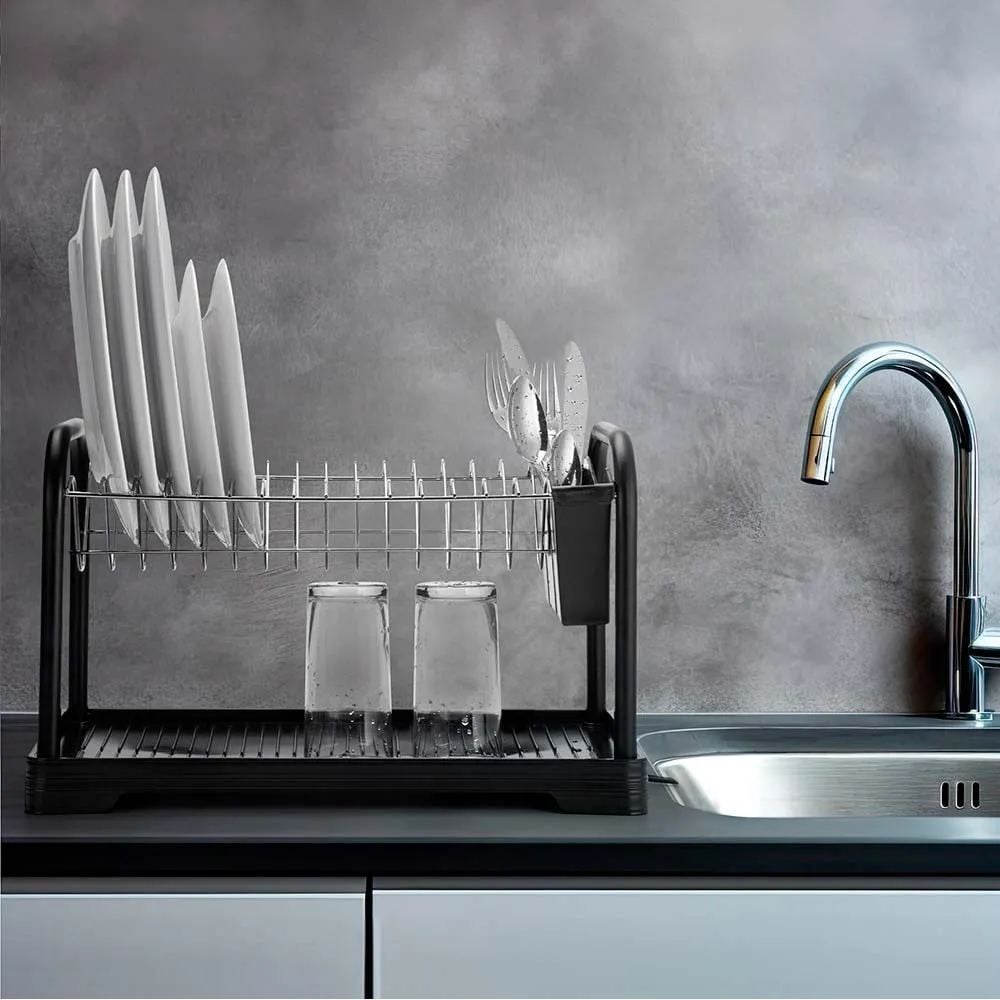 Escorredor de Louças Duplo com Bandeja Desmontável Arthi - Preto