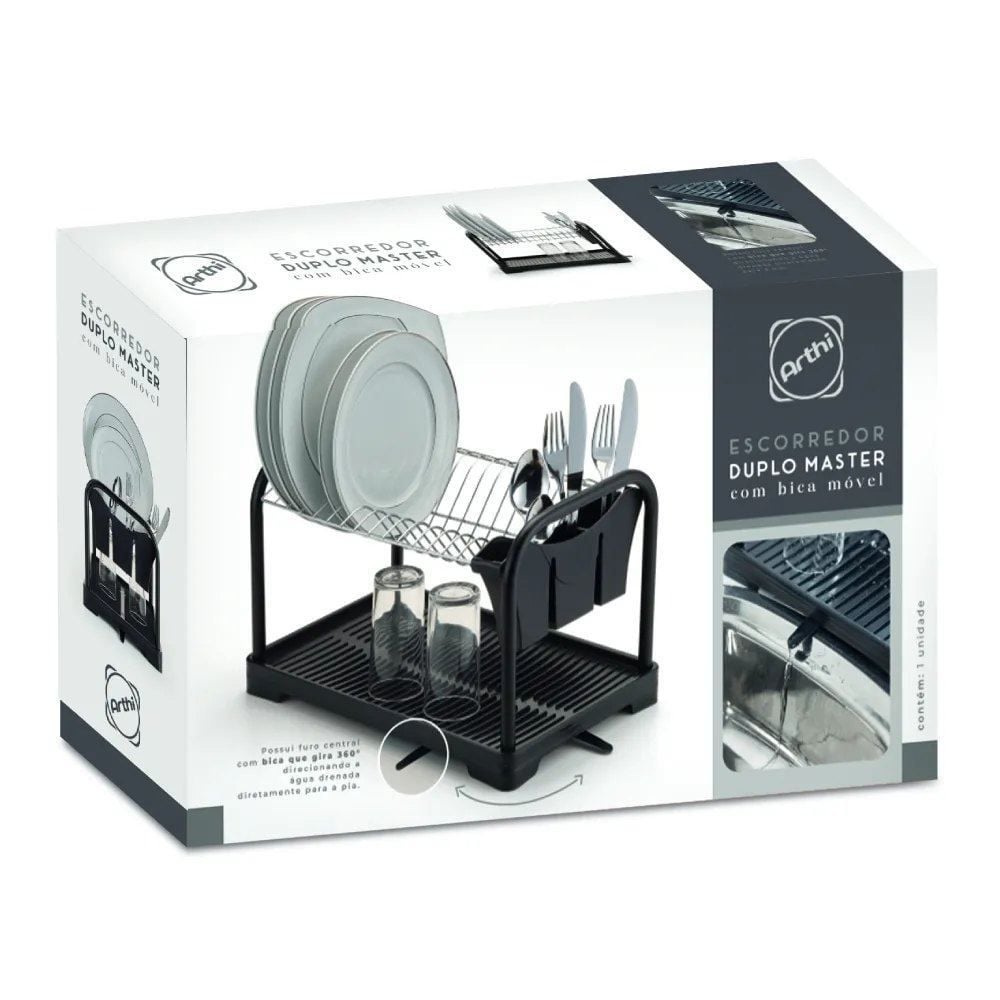 Escorredor de Louças Duplo com Bandeja Desmontável Arthi - Preto