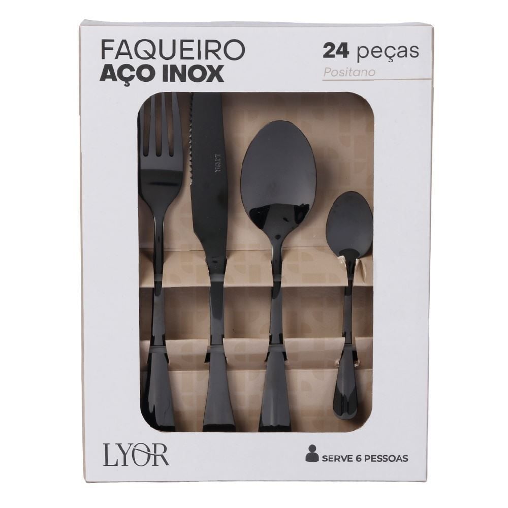 Faqueiro Positano Inox Lyor 24 Peças - Preto