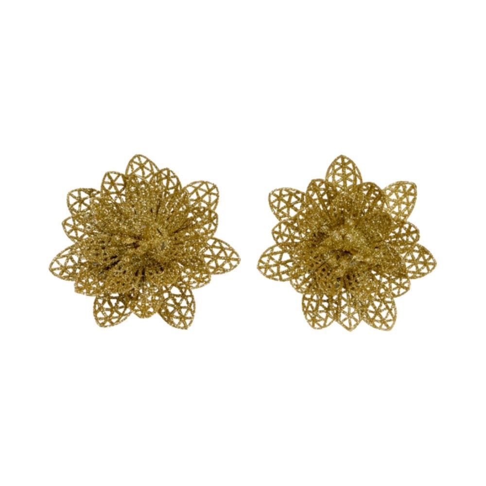 Flor Com Prendedor Glitter Dourada Tuut 10Cm - 2 Peças