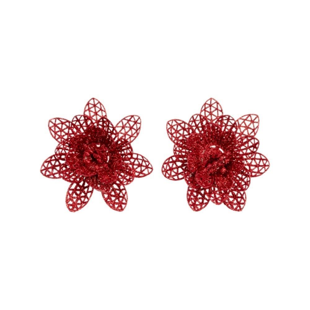 Flor Com Prendedor Glitter Vermelho Tuut 10Cm - 2 Peças