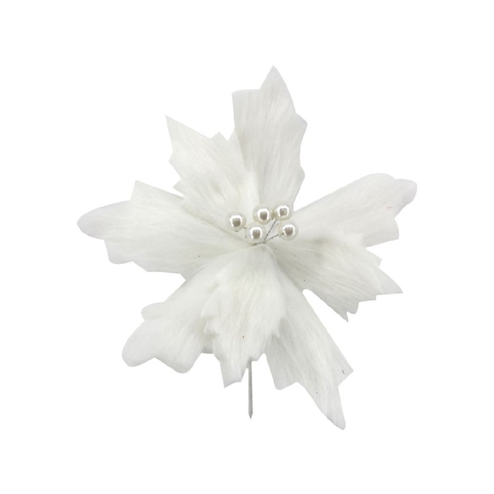Flor Poinsétia Pelúcia Branca Com Pérolas Havan Casa - 27Cm