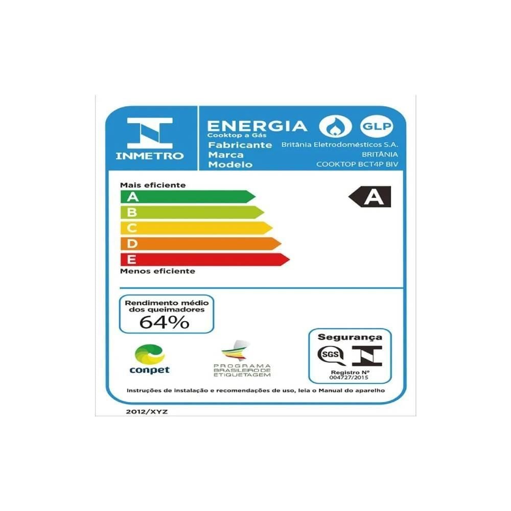 Fogão Cooktop Britânia 4 Bocas Mesa De Vidro Bct4p - Bivolt