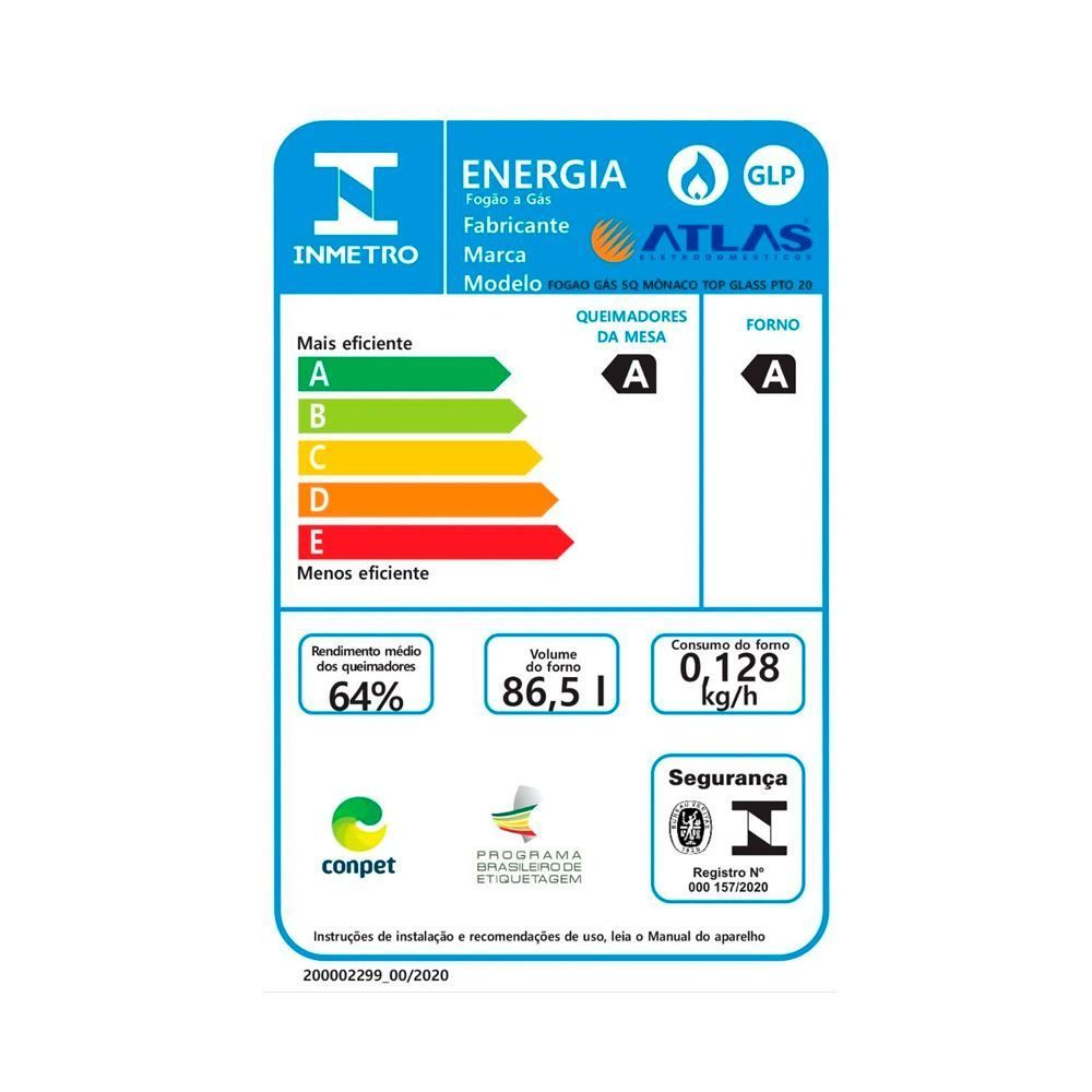 Fogão De Piso 5 Bocas Atlas Mônaco Top Glass Preto - Bivolt